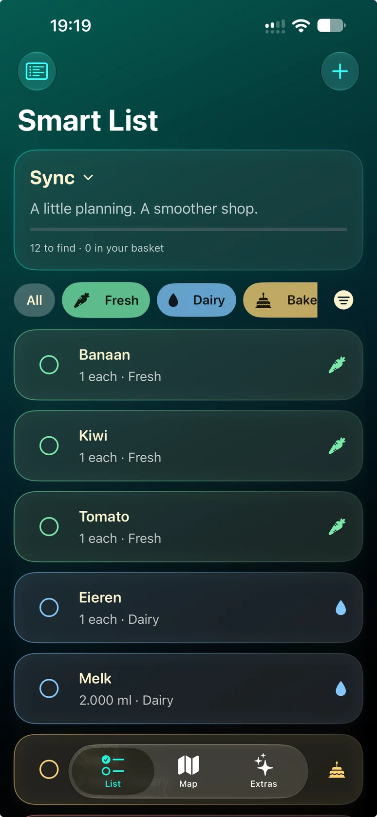 AisleAI Smart List showing grocery categories and items to find.